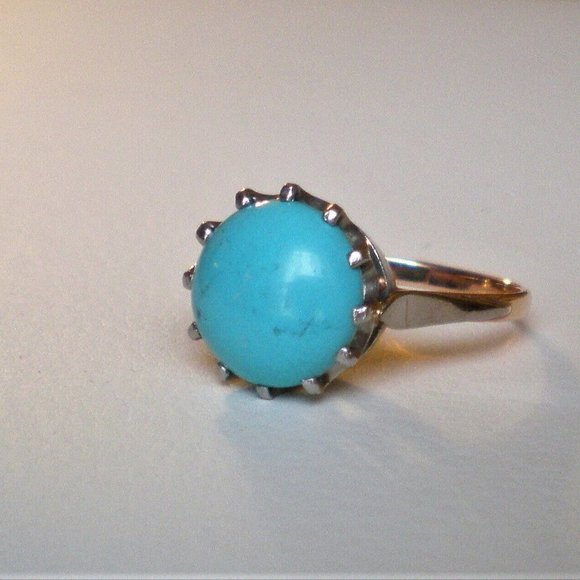 Vintage Russian Russia 14K 583 Rose Pink White Gold Turquoise Solitaire Ring - Picture 3 of 8